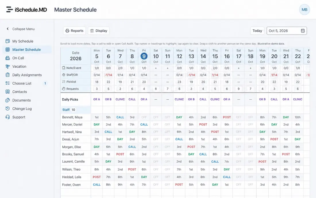 Staff view of Team Schedule with fictional names and assignments