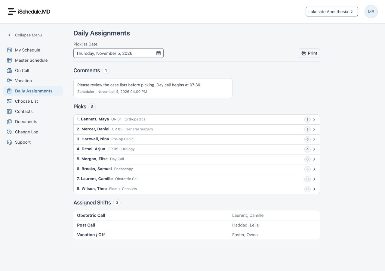 Daily Assignments on desktop with fictional people and work