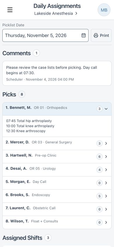Room and case preparation details with fictional data